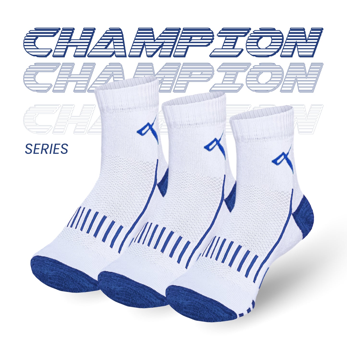 Champion Series performance badminton socks pack of 3, white with blue mesh, ankle length sports socks online India.
