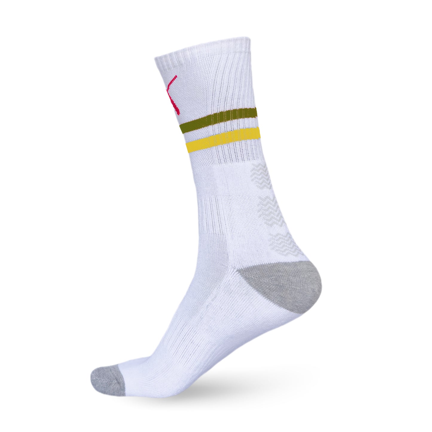 Durable tennis socks for players, crew length, olive green yellow stripes