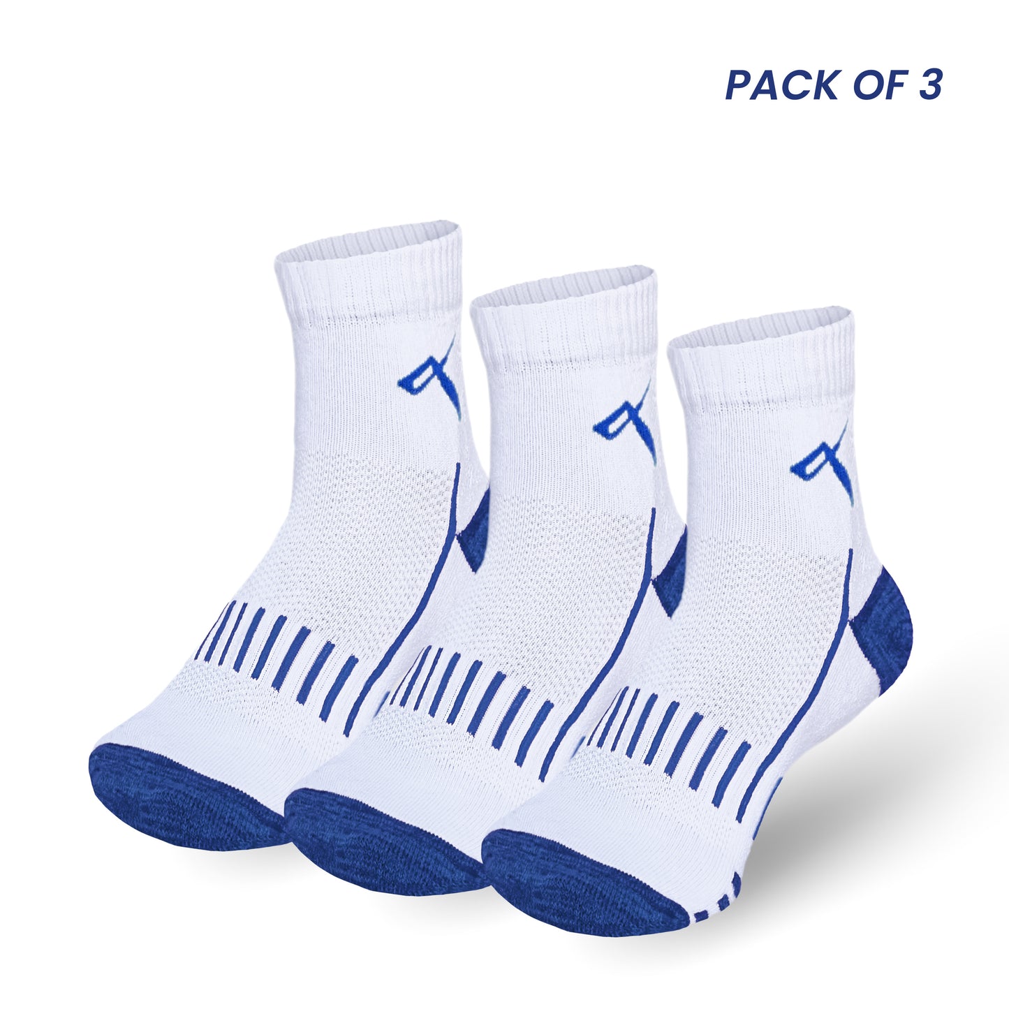 Pack of 3 white ankle-length badminton socks with blue mesh design for athletes in India.