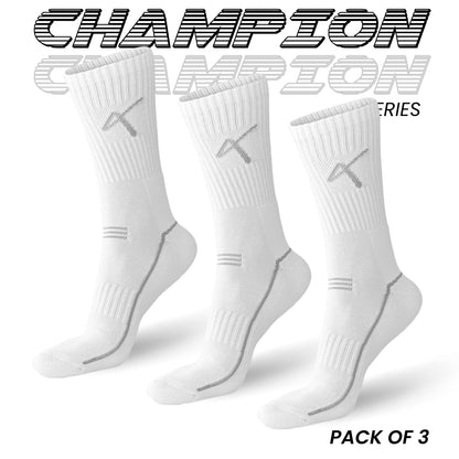 Pack of 3 series name of the Triumphant sports Champion Series Performance Cricket Socks Crew Length White
