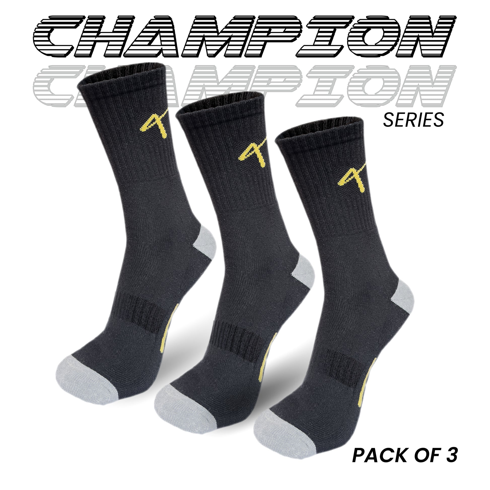 Pack of 3 black series name of the Triumphant sports Champion Series Performance Cricket Socks Crew Length Black Yellow