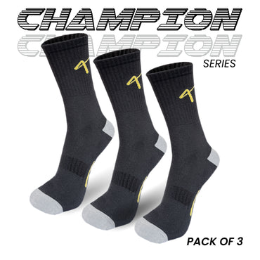 Pack of 3 black series name of the Triumphant sports Champion Series Performance Cricket Socks Crew Length Black Yellow