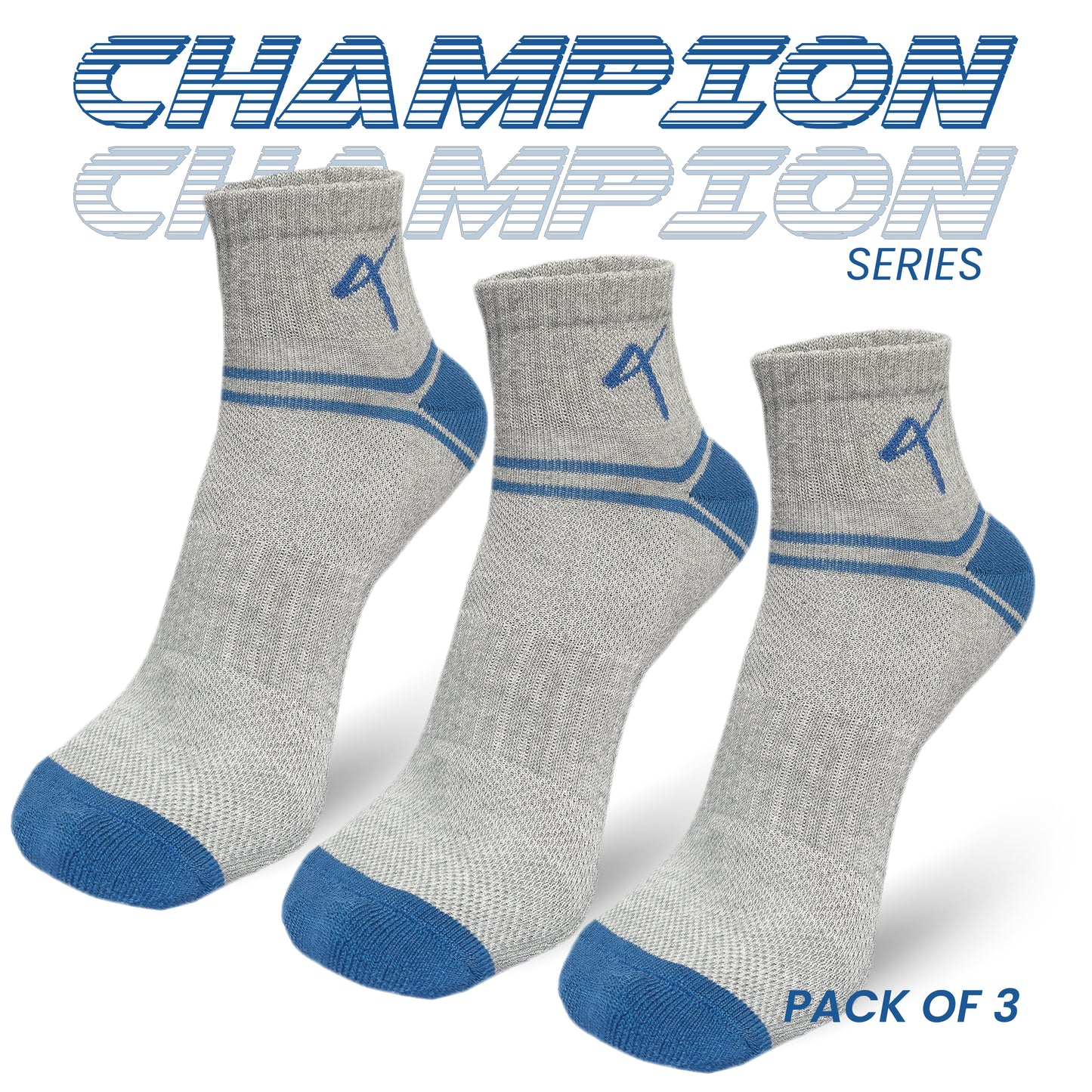 Pack of 3 series name of the Triumphant Sports Specialised Activewear Socks Champion Series Ankle Length Grey Blue