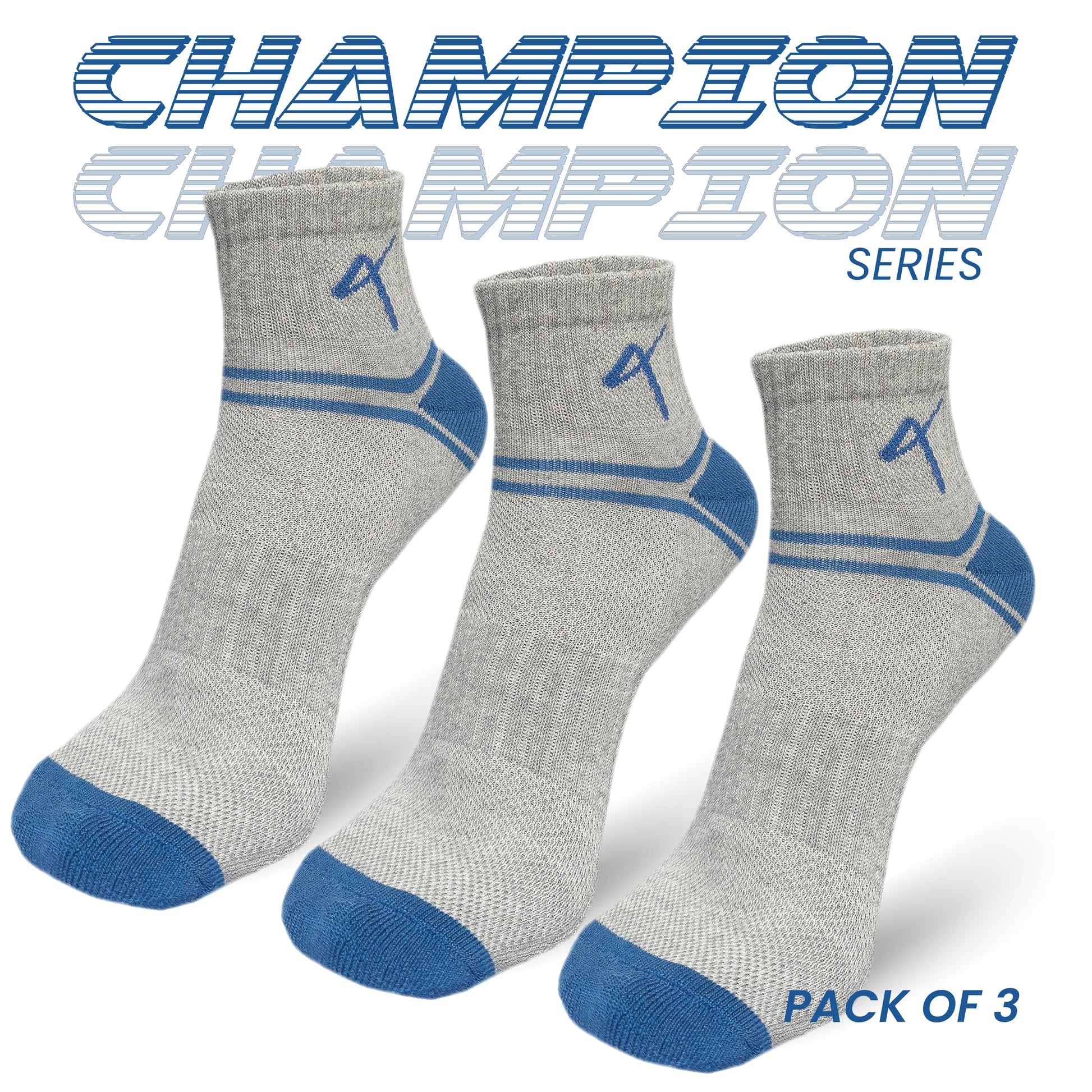 Pack of 3 series name of the Triumphant Sports Specialised Activewear Socks Champion Series Ankle Length Grey Blue