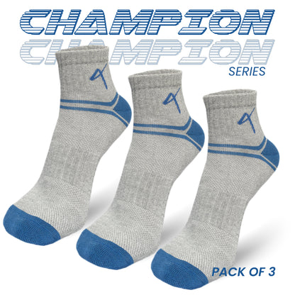 Pack of 3 series name of the Triumphant Sports Specialised Activewear Socks Champion Series Ankle Length Grey Blue