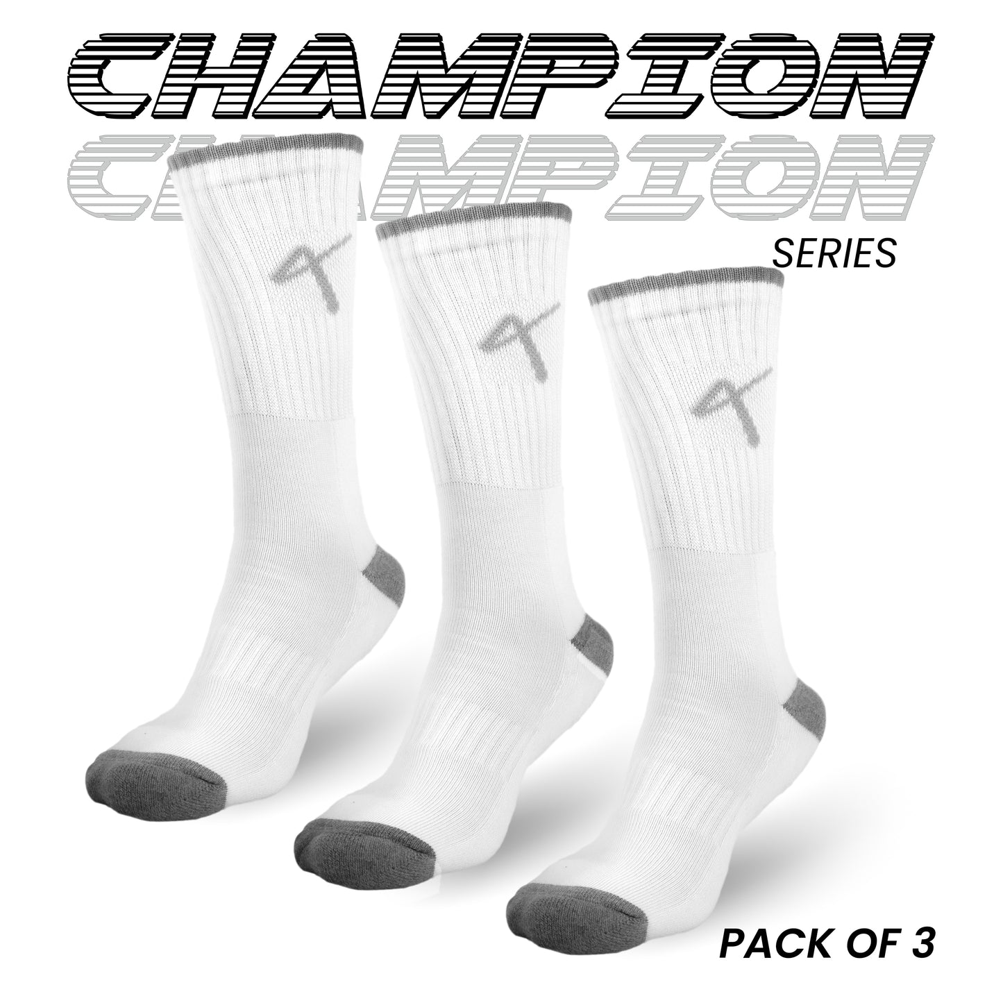 Packf of 3 white grey serirs name of the Triumphant sports Champion Series Performance Cricket Socks Crew Length White Grey