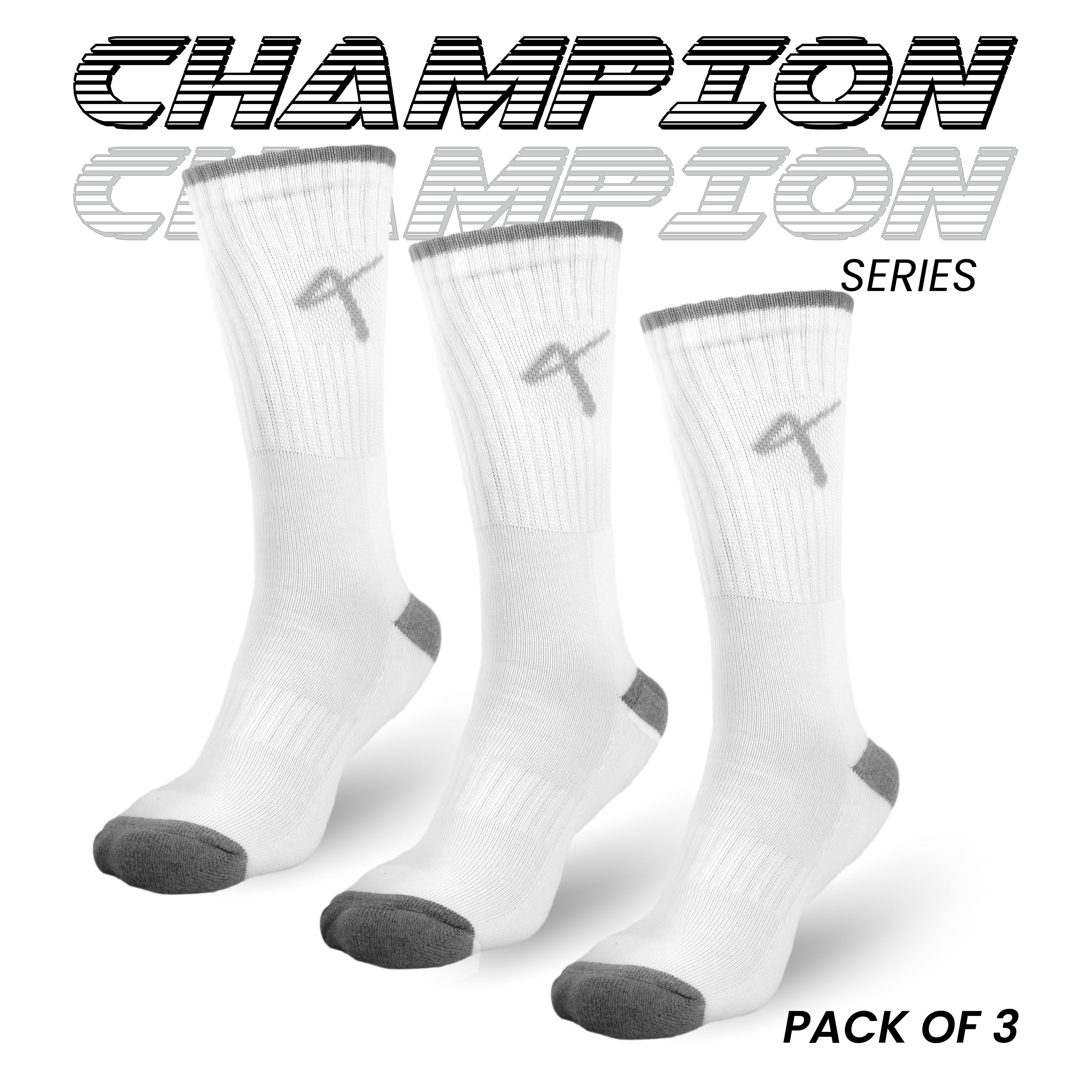 Packf of 3 white grey serirs name of the Triumphant sports Champion Series Performance Cricket Socks Crew Length White Grey