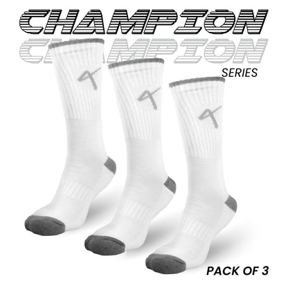 Packf of 3 white grey serirs name of the Triumphant sports Champion Series Performance Cricket Socks Crew Length White Grey