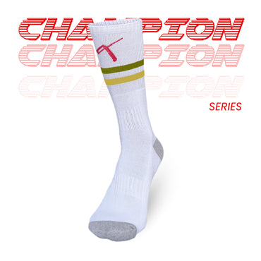 Champion Series Performance Tennis White Socks Crew Length Olive Green & Yellow Stripes Image 3