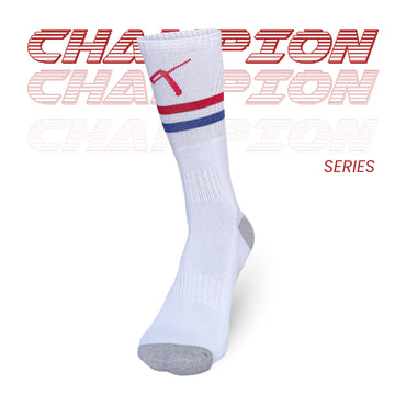 Champion Series Performance Tennis White Socks Crew Length Red & Blue Stripes Image 3