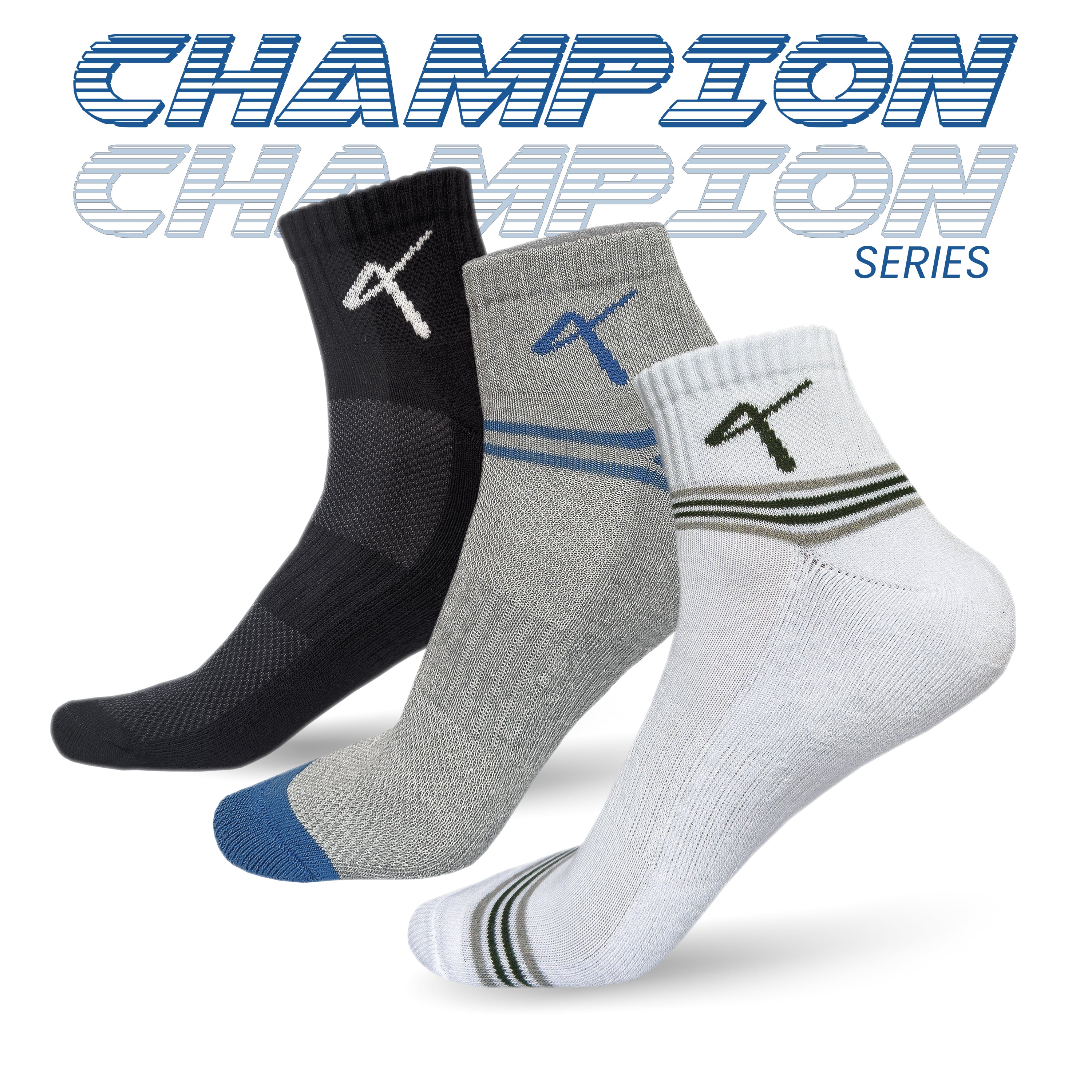 Pack of 3 multicolour Series image of the Triumphant Sports Specialised Activewear Socks Champion Series Ankle Length Black image 1