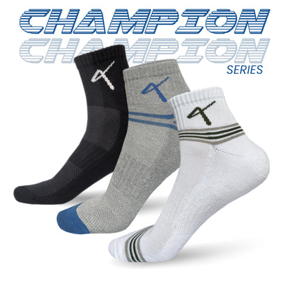 Pack of 3 multicolour Series image of the Triumphant Sports Specialised Activewear Socks Champion Series Ankle Length Black image 1