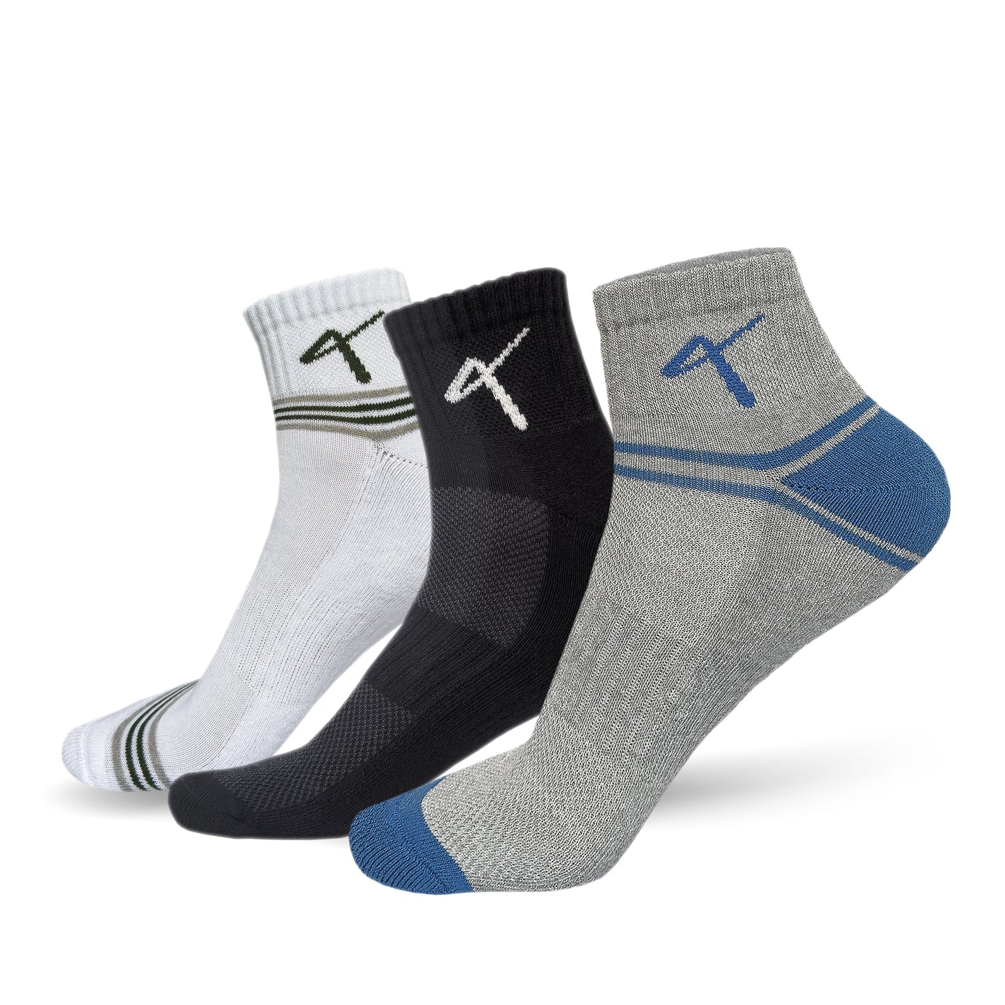 Front view of the Triumphant Sports Specialised Activewear Socks Champion Series Ankle Length pack of 3 black grey bkue white green
