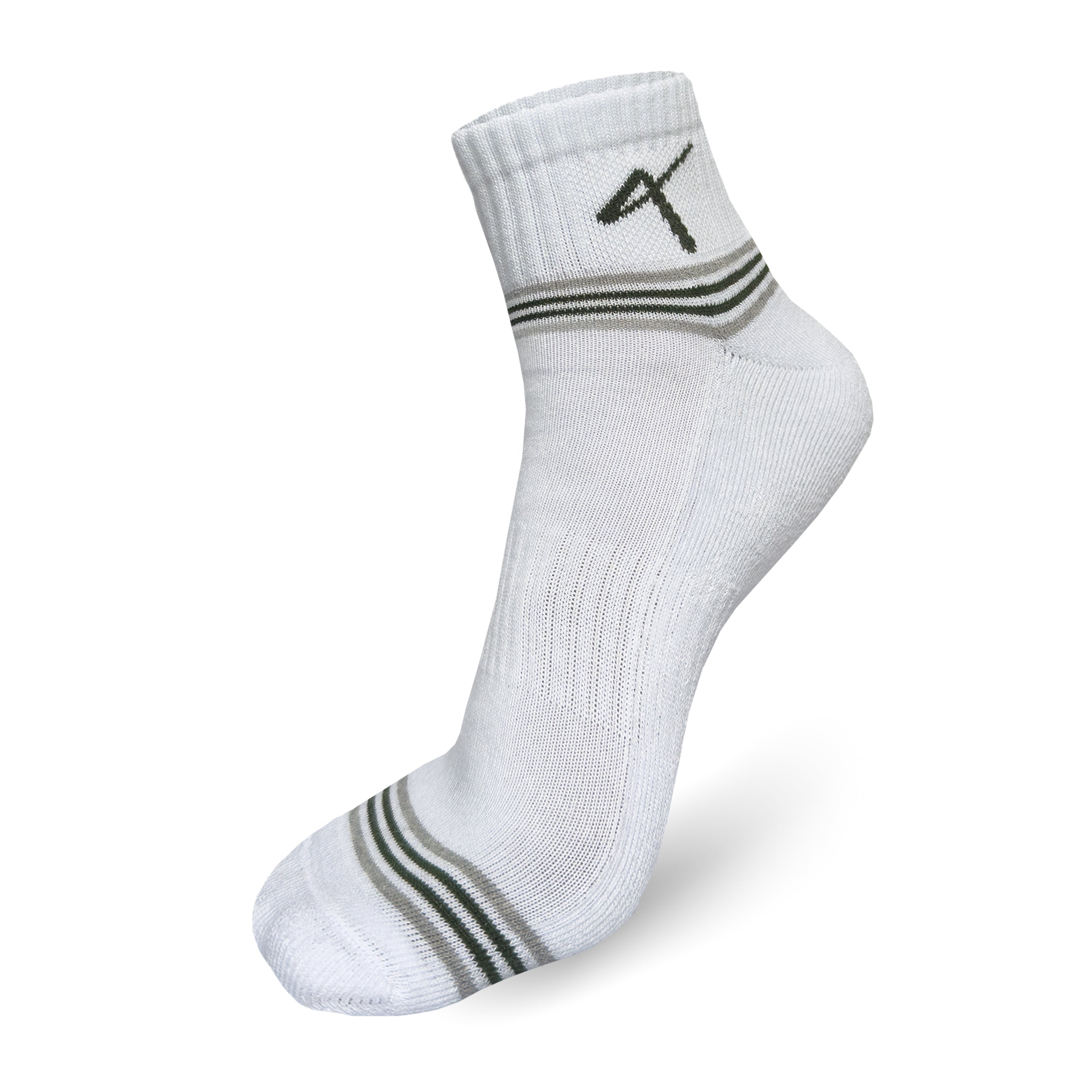 Front view of the Triumphant Sports Specialised Activewear Socks Champion Series Ankle Length White Green
