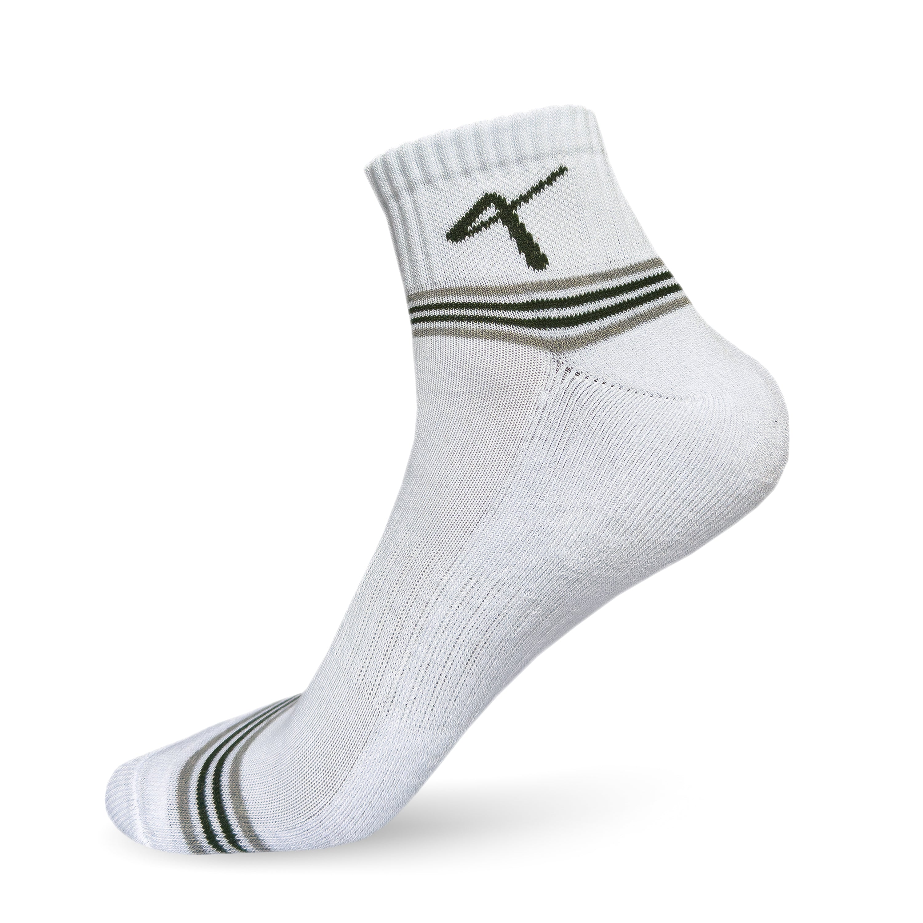 Side view of the Triumphant Sports Specialised Activewear Socks Champion Series Ankle Length White Green