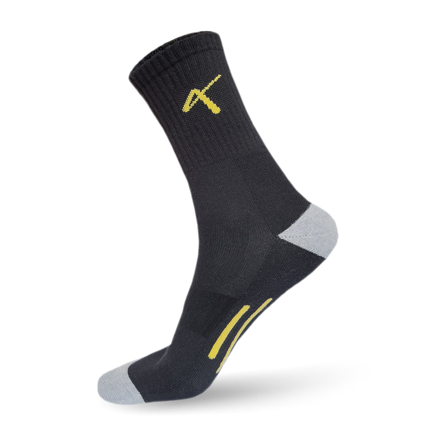 Side View of the Triumphant sports Champion Series Performance Cricket Socks Crew Length Black Yellow