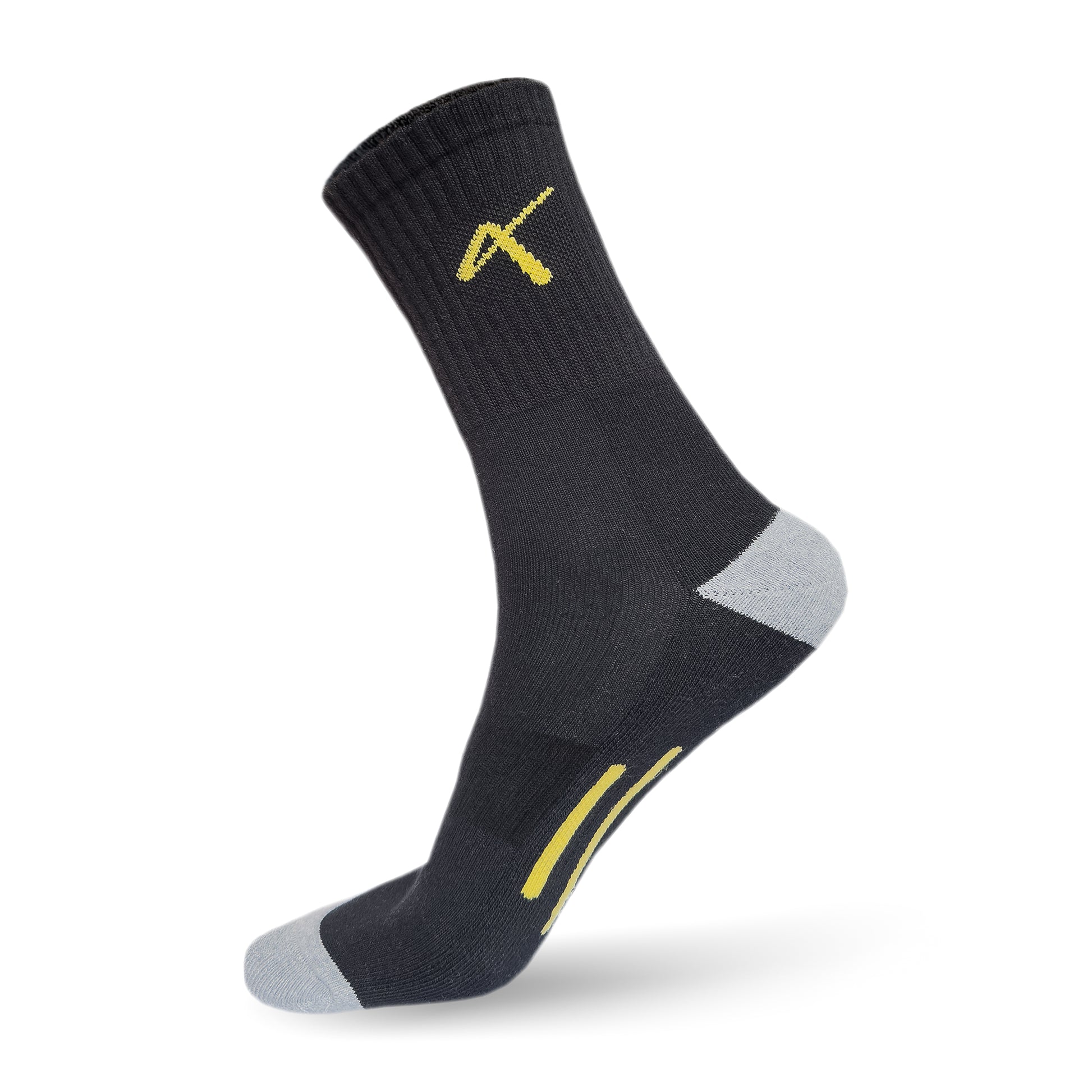 Side View of the Triumphant sports Champion Series Performance Cricket Socks Crew Length Black Yellow