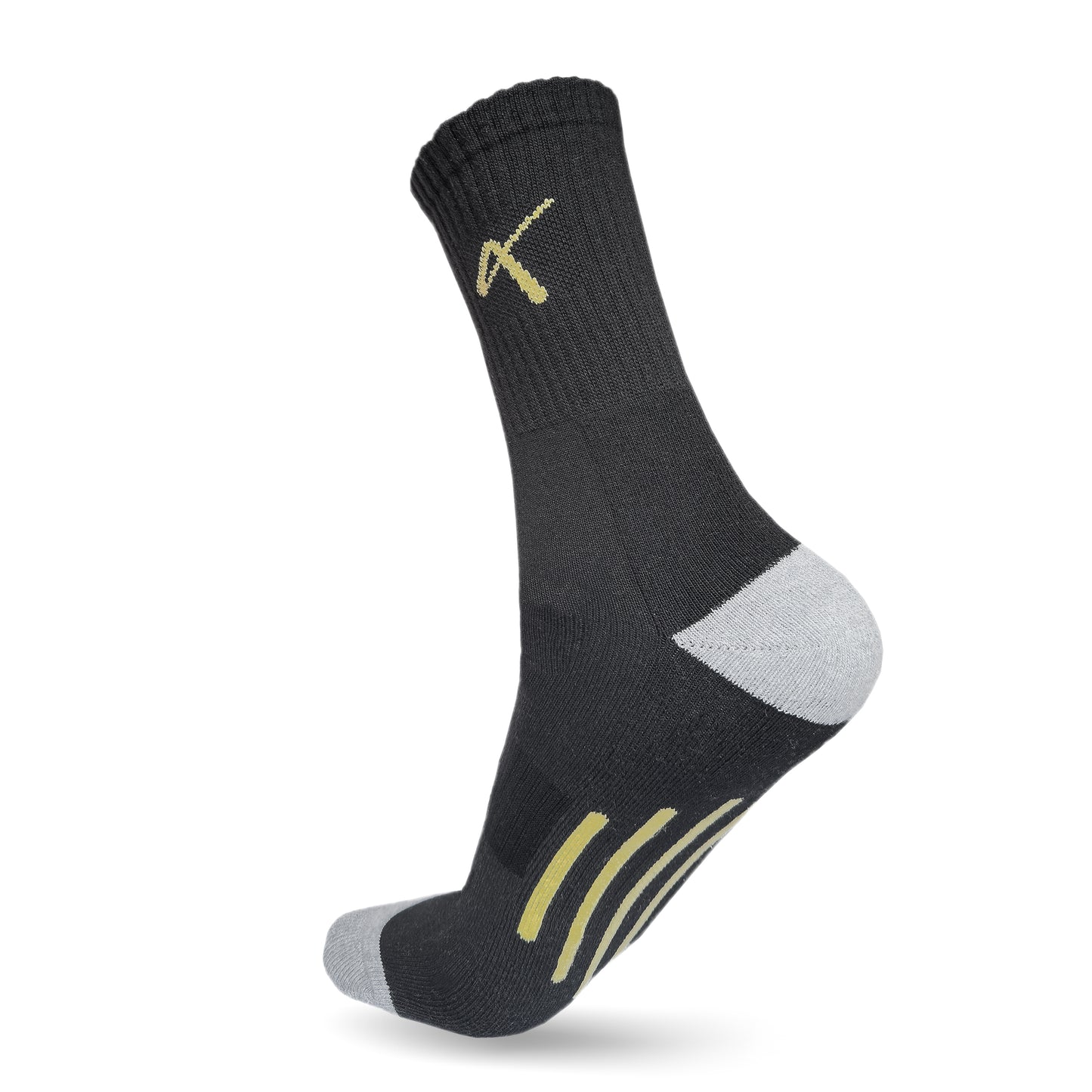 Heel View of the Triumphant sports Champion Series Performance Cricket Socks Crew Length Black Yellow