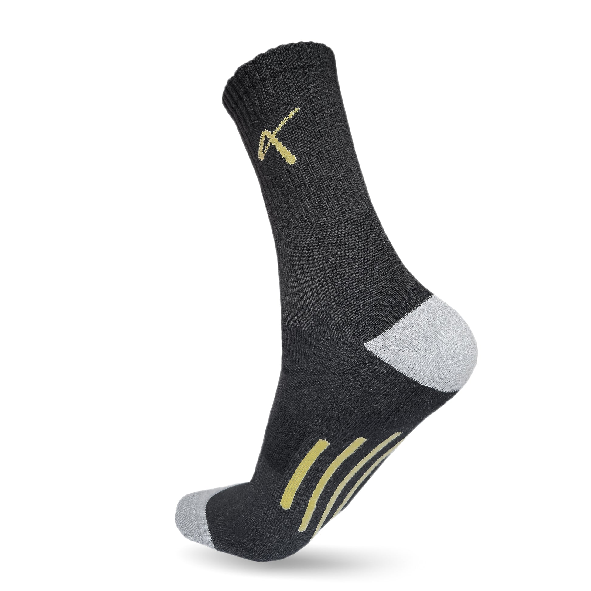 Heel View of the Triumphant sports Champion Series Performance Cricket Socks Crew Length Black Yellow