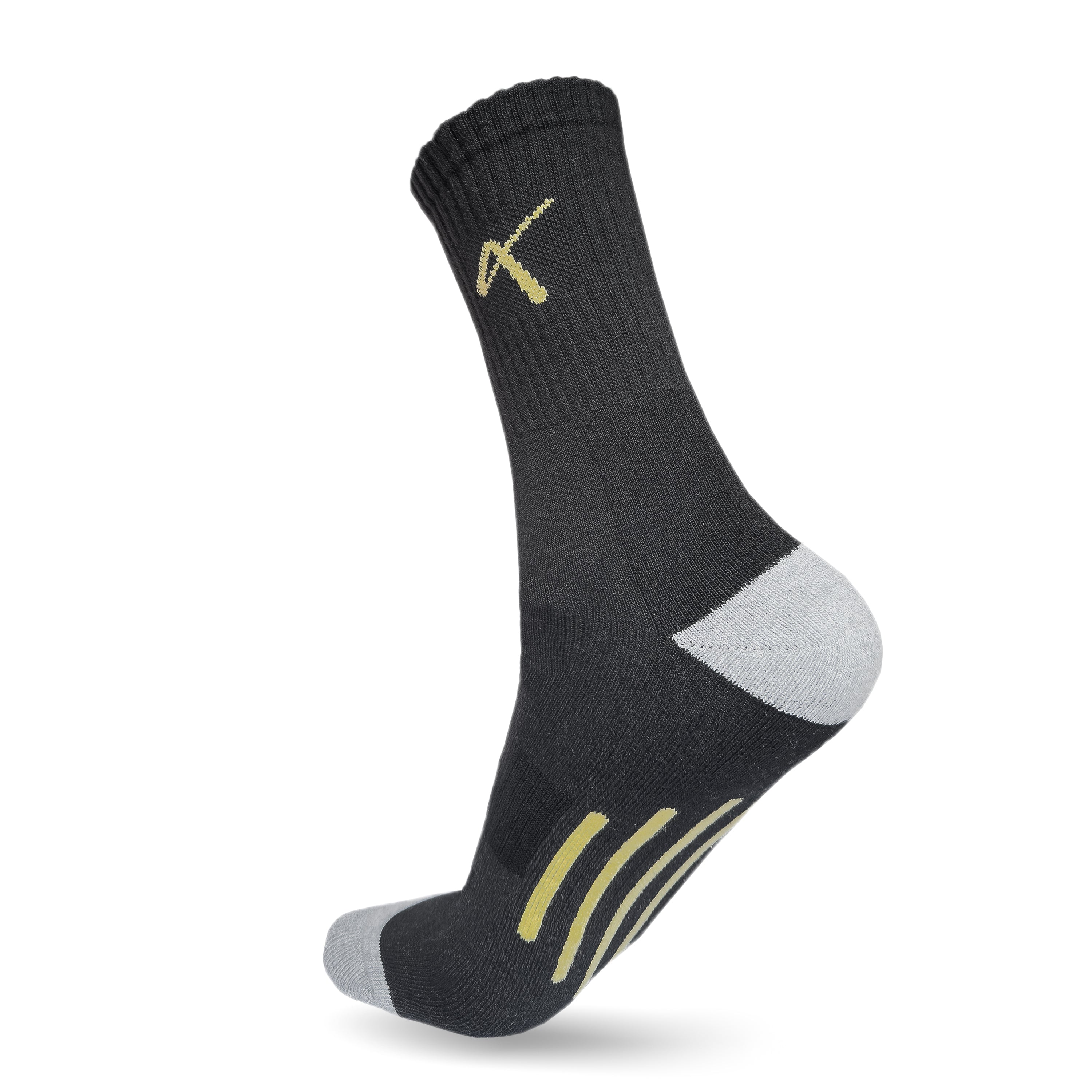 Heel View of the Triumphant sports Champion Series Performance Cricket Socks Crew Length Black Yellow