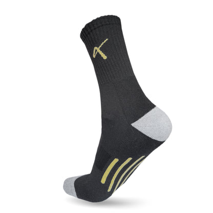 Heel View of the Triumphant sports Champion Series Performance Cricket Socks Crew Length Black Yellow