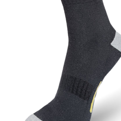 Foot View of the Triumphant sports Champion Series Performance Cricket Socks Crew Length Black Yellow