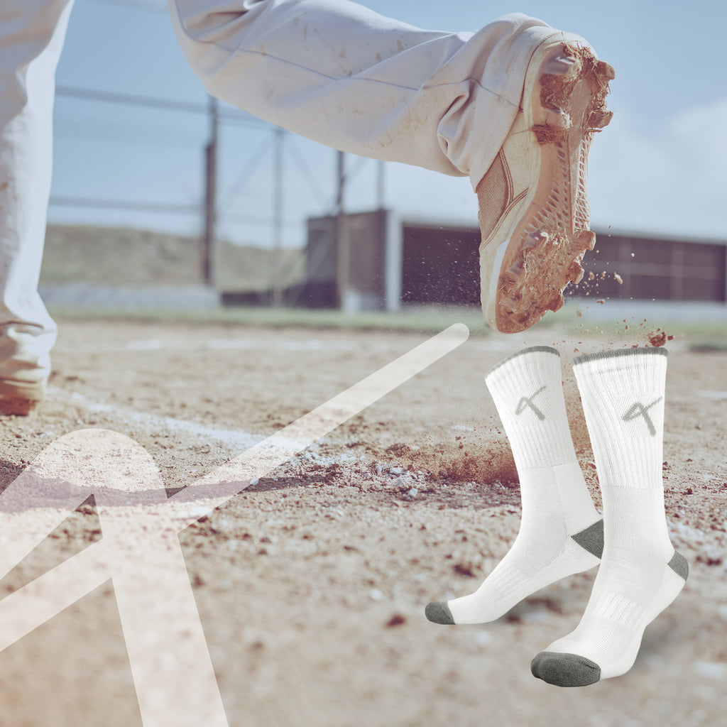 Lifestyle photo of the Triumphant sports Champion Series Performance Cricket Socks Crew Length White Grey