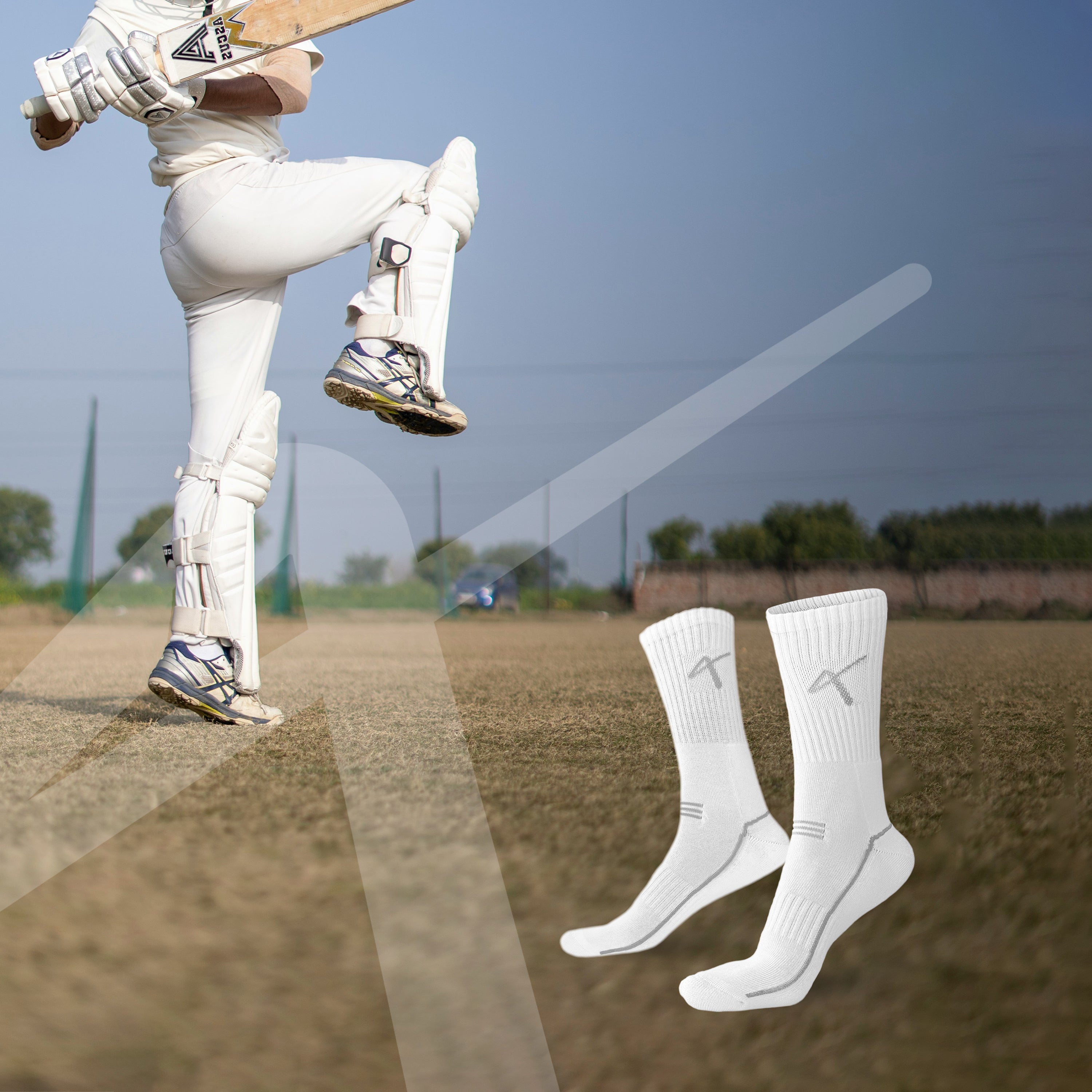 Lifestyle photo of the Triumphant sports Champion Series Performance Cricket Socks Crew Length White