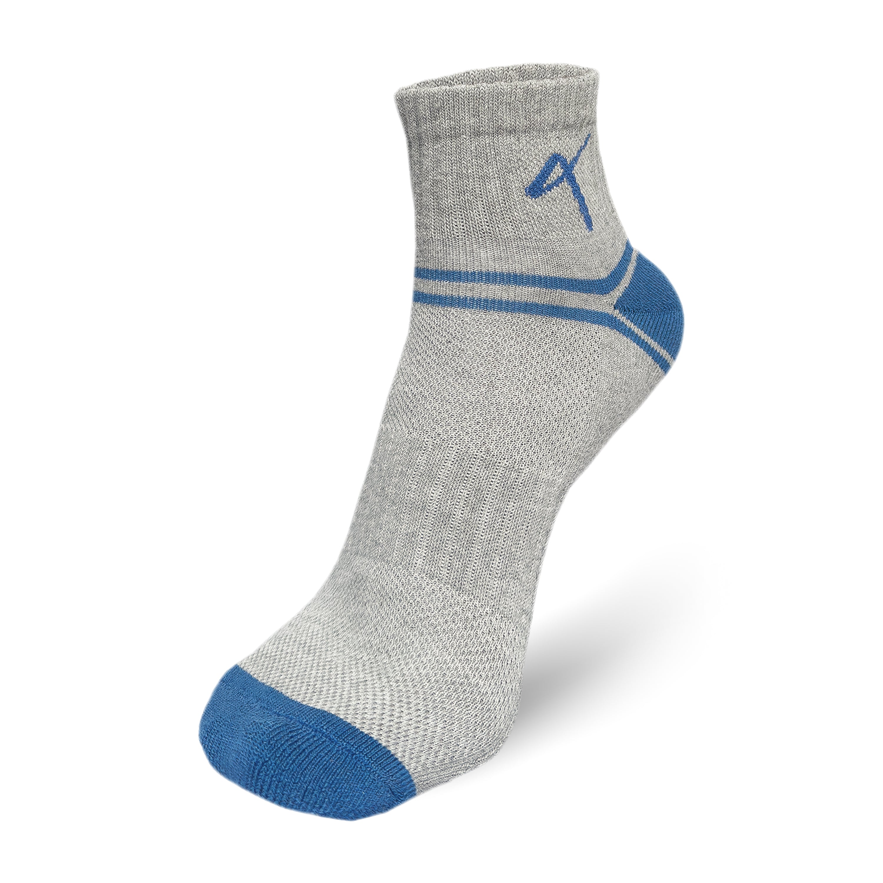 Front view of the Triumphant Sports Specialised Activewear Socks Champion Series Ankle Length Grey Blue