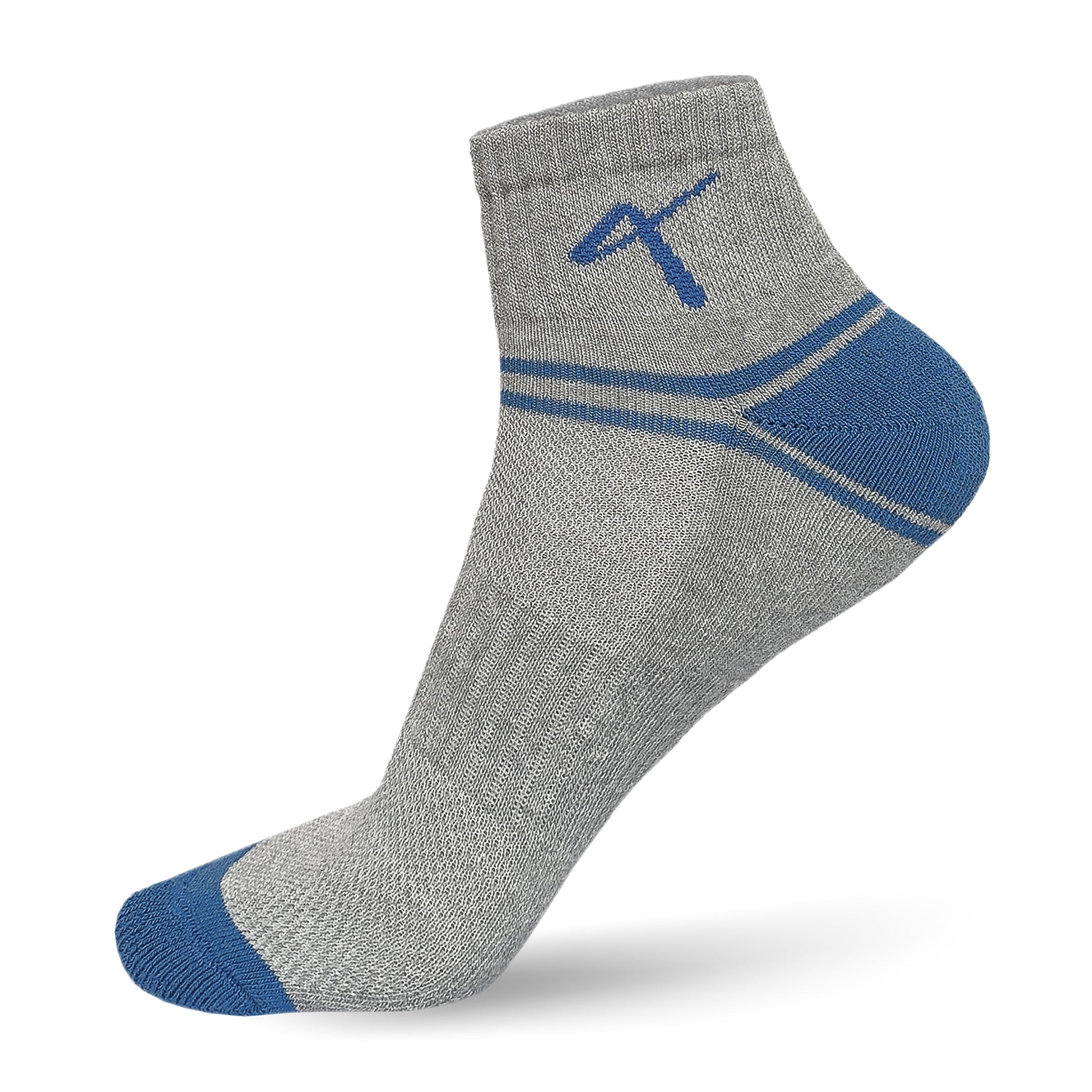 Side View of the Triumphant Sports Specialised Activewear Socks Champion Series Ankle Length Grey Blue