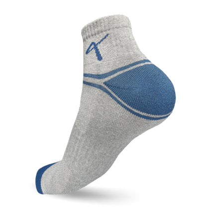 Heel view of the Triumphant Sports Specialised Activewear Socks Champion Series Ankle Length Grey Blue