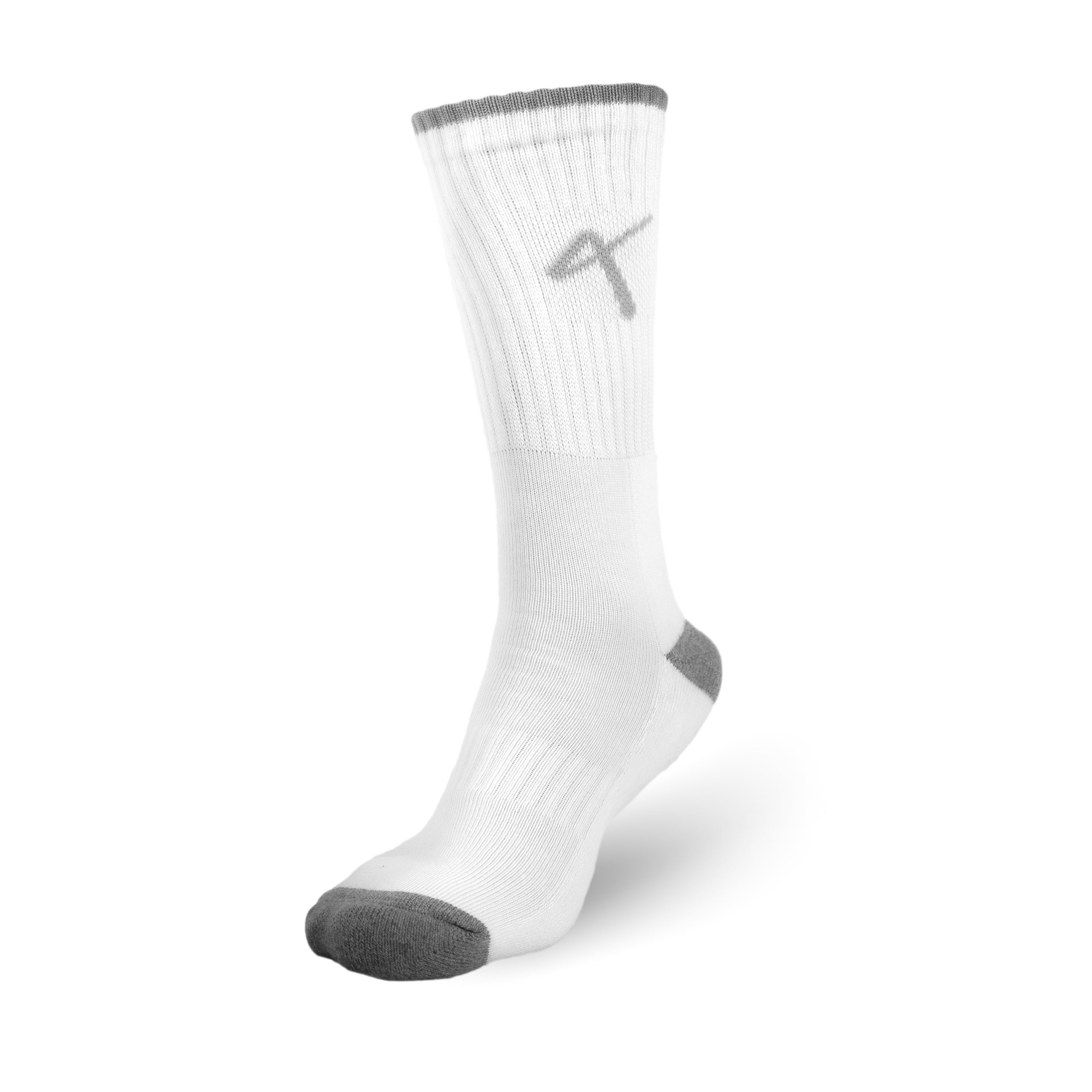 Front View of the Triumphant sports Champion Series Performance Cricket Socks Crew Length White Grey