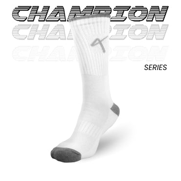 Series name of the Triumphant sports Champion Series Performance Cricket Socks Crew Length White Grey