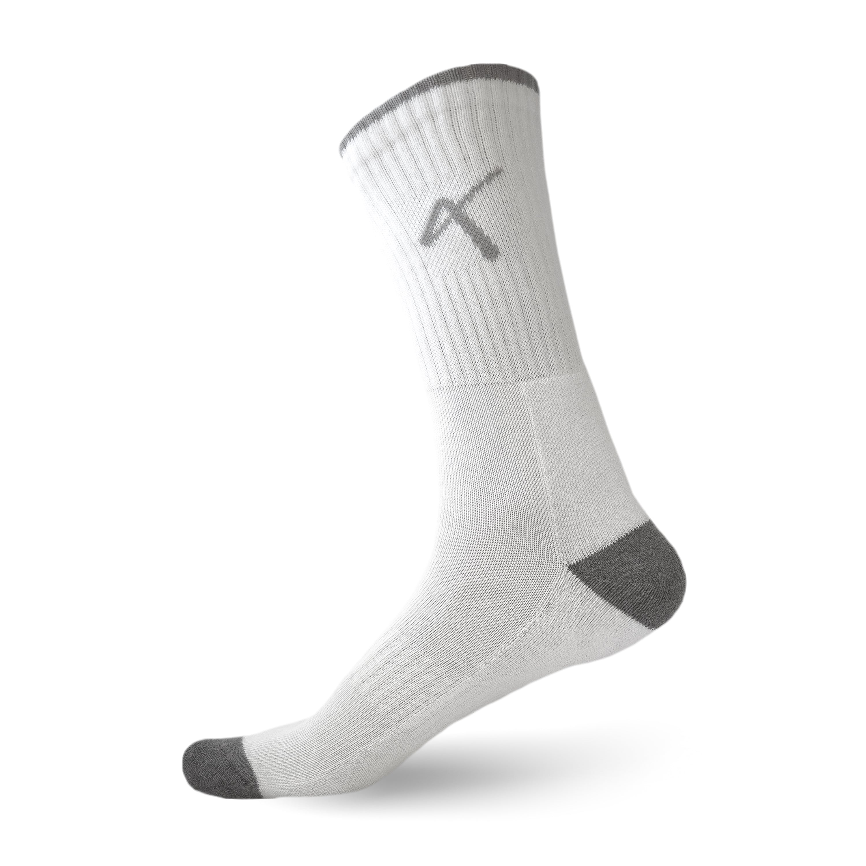 Side View of the Triumphant sports Champion Series Performance Cricket Socks Crew Length White Grey