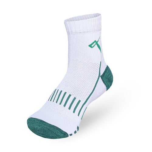 Pack view of white-green mesh badminton ankle socks for training and matches.