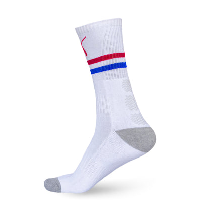 Durable tennis socks for men and women, crew-length, red blue stripes