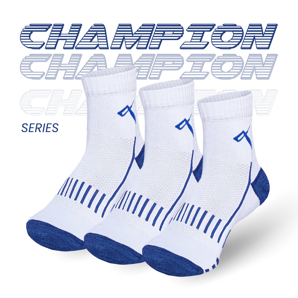 Champion Series performance badminton socks pack of 3, white with blue mesh, ankle length sports socks online India.