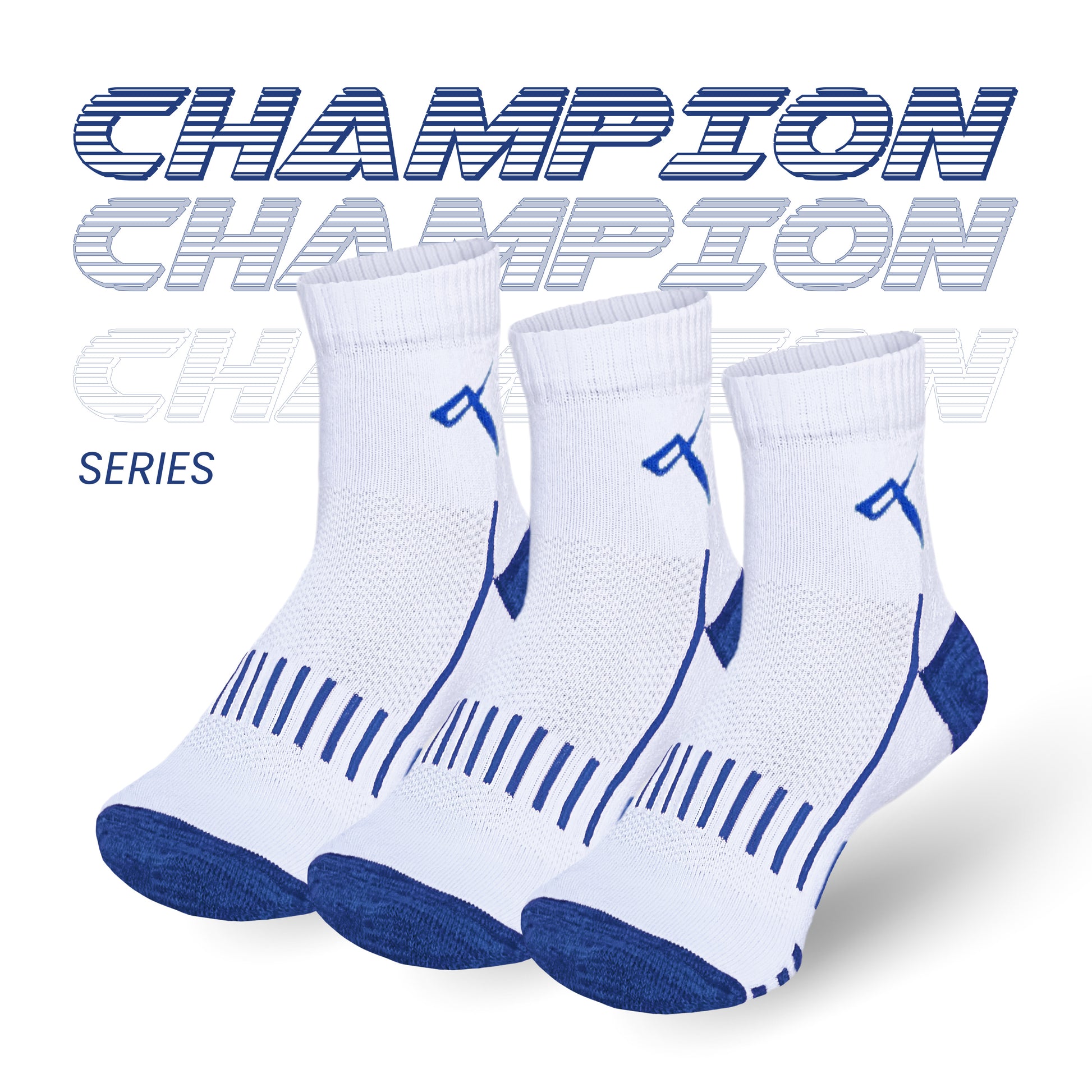 Champion Series performance badminton socks pack of 3, white with blue mesh, ankle length sports socks online India.