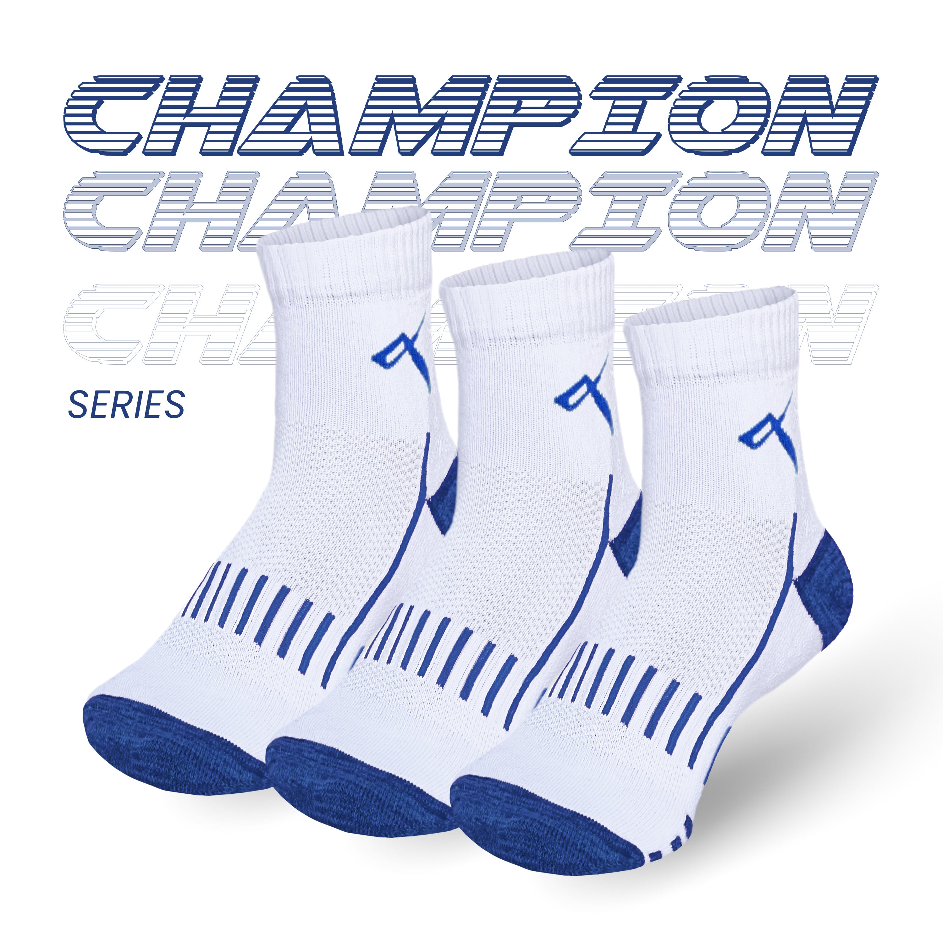 Champion Series performance badminton socks pack of 3, white with blue mesh, ankle length sports socks online India.