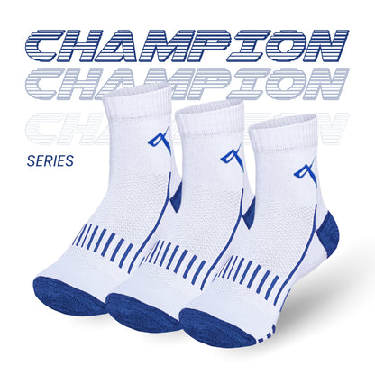 Champion Series performance badminton socks pack of 3, white with blue mesh, ankle length sports socks online India.