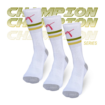 Champion Series performance tennis socks pack of 3, olive green and yellow stripes, crew length sports socks online India.