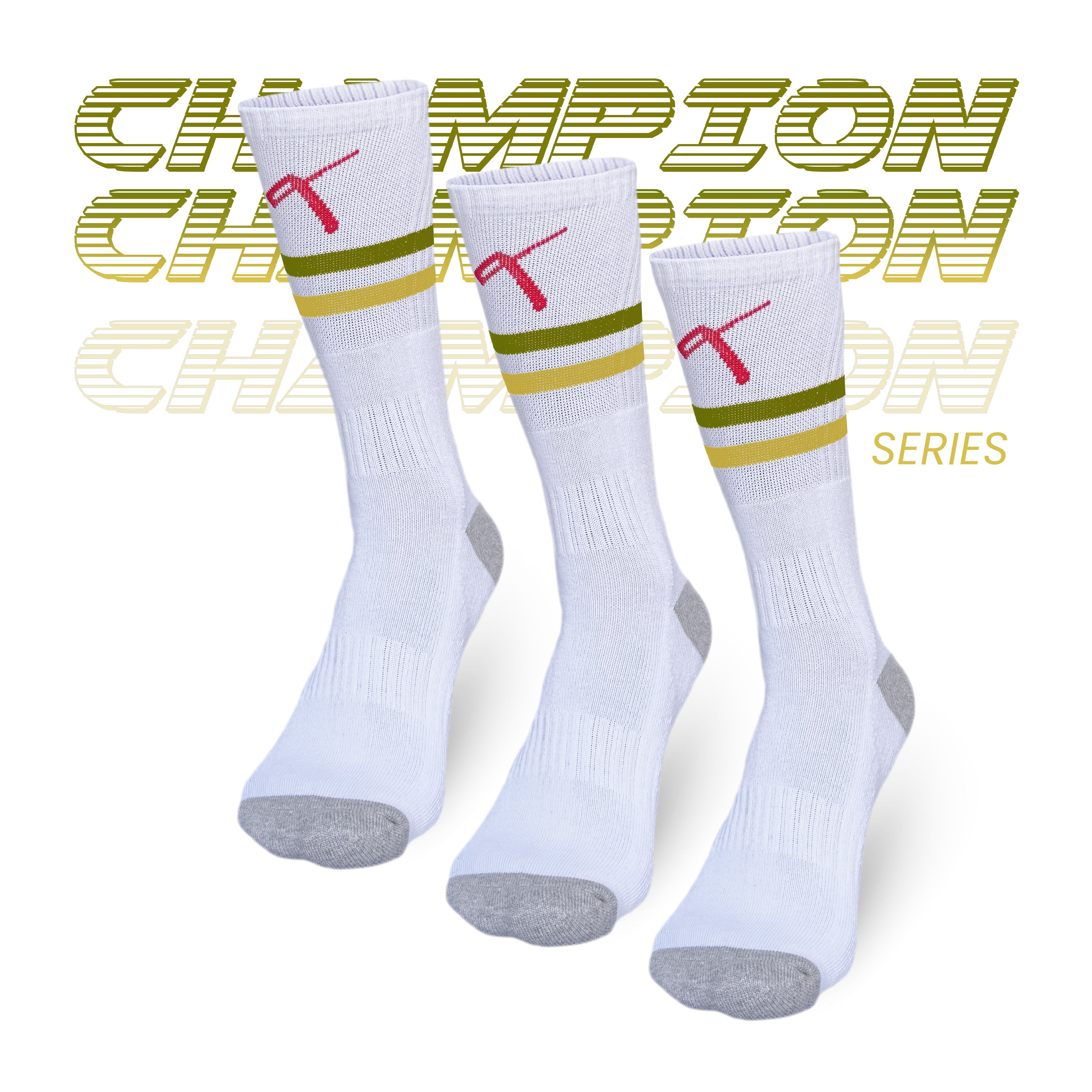 Champion Series performance tennis socks pack of 3, olive green and yellow stripes, crew length sports socks online India.