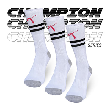 Champion Series Pack of 3 performance tennis socks, white with black stripes, crew length sports socks online India.