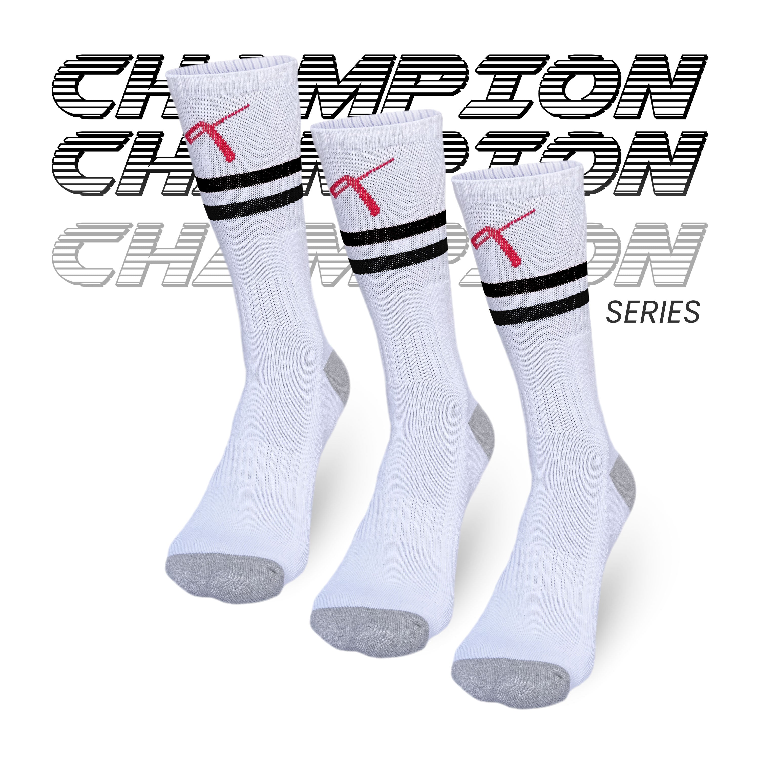 Champion Series Pack of 3 performance tennis socks, white with black stripes, crew length sports socks online India.