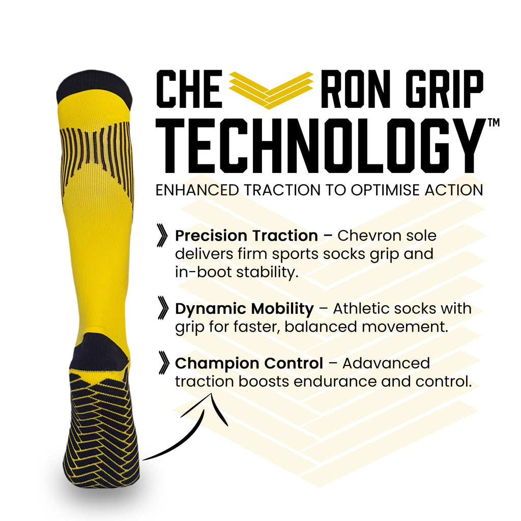 Close-up of Chevron Grip Technology on Triumphant Sports socks showing anti-slip sole for better traction and in-boot control.