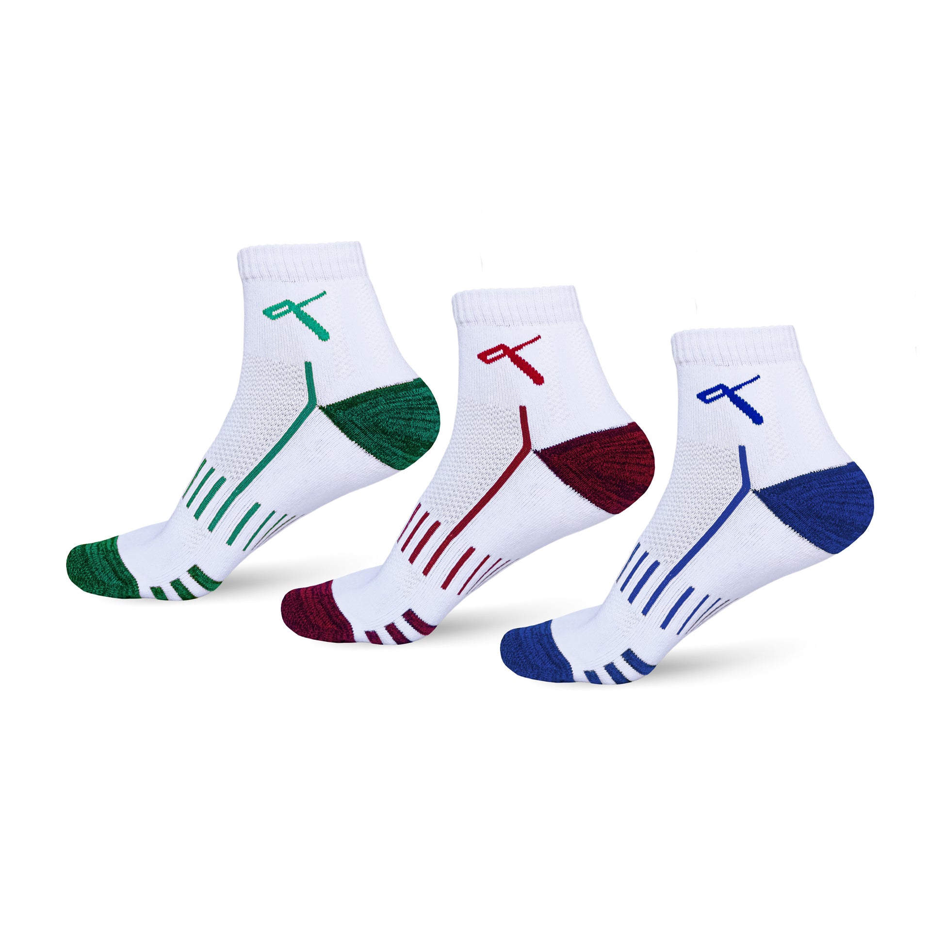 Triumphant Sports multicolour badminton socks pack of 3, ankle length performance sports socks India.