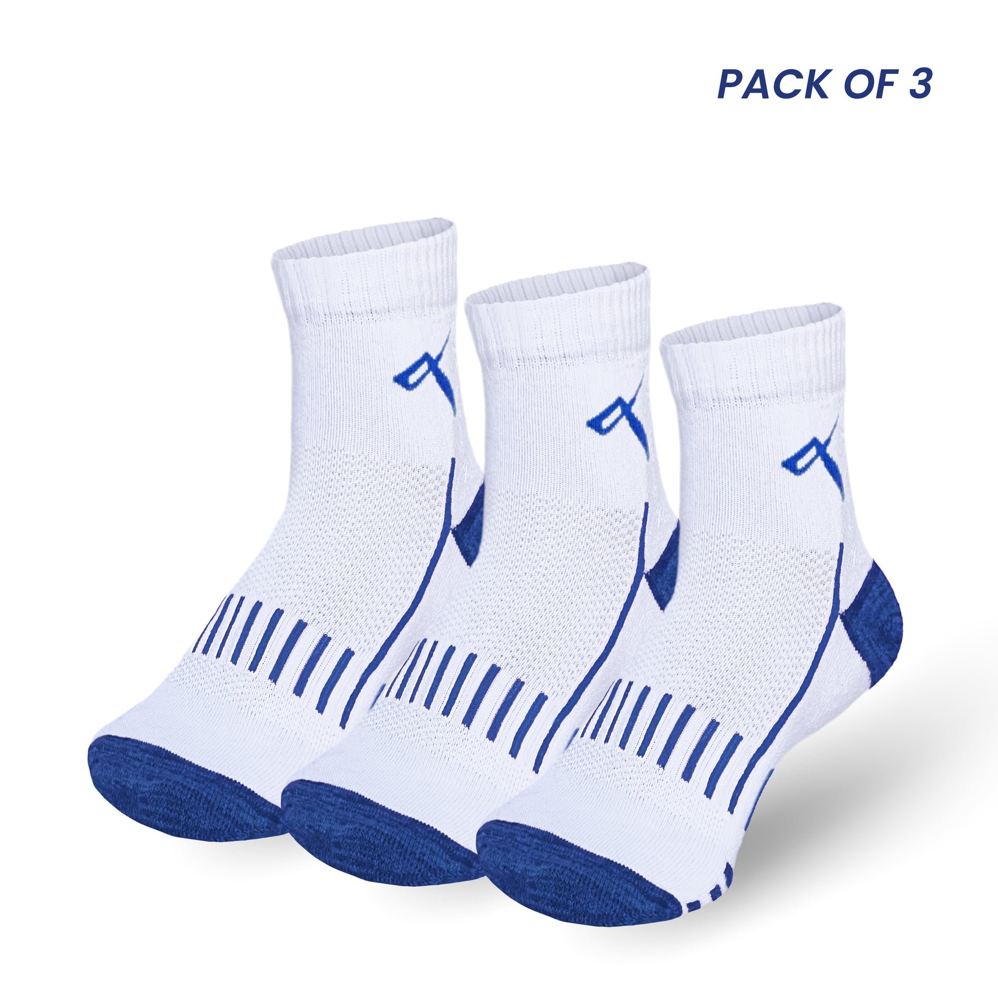 Pack of 3 white ankle-length badminton socks with blue mesh design for athletes in India.