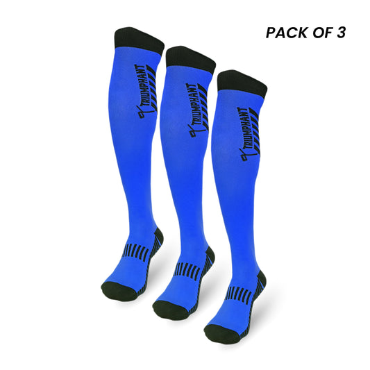 Pack of 3 navy blue knee-high hockey socks with cushioned sole and Chevron Grip Tech.
