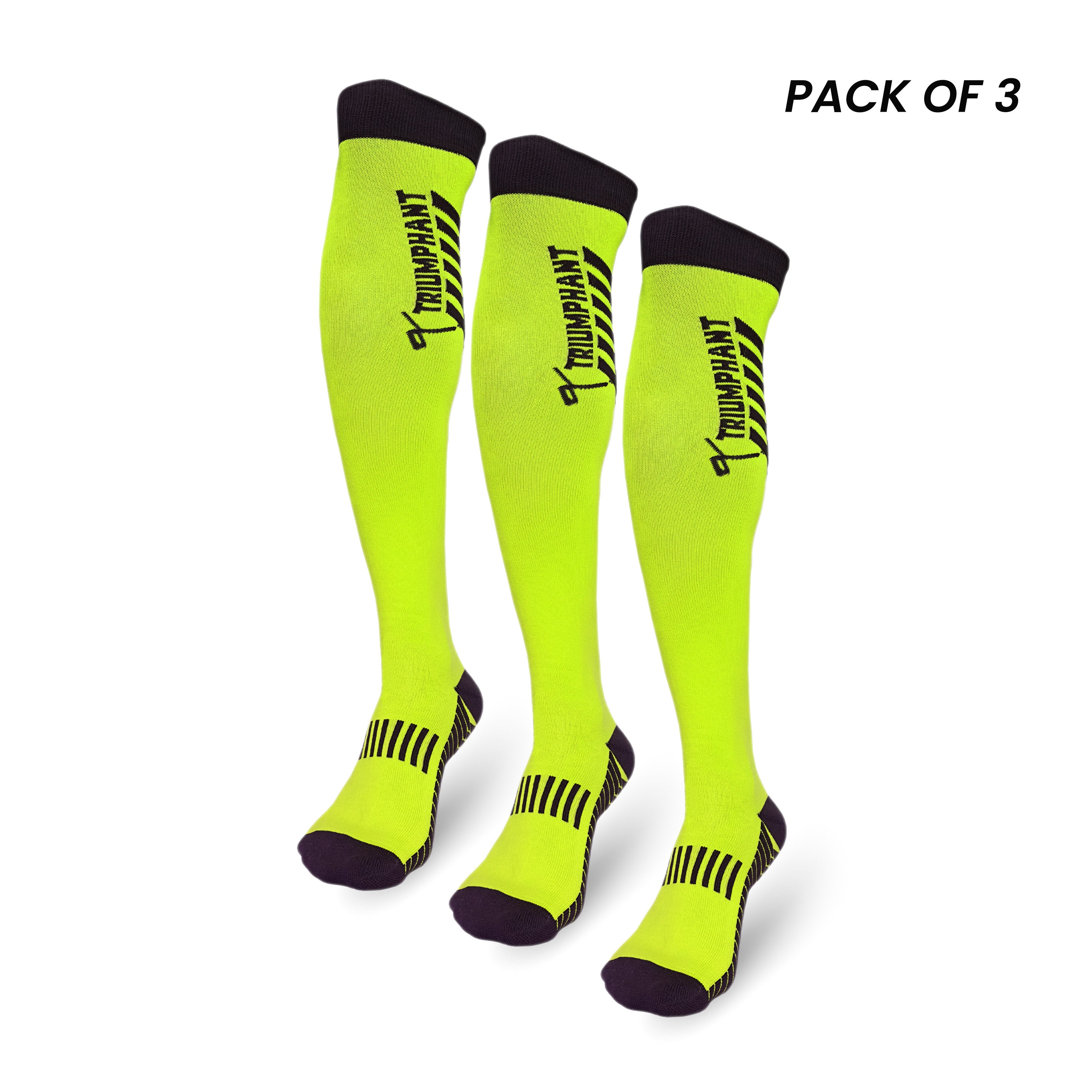 Pack of 3 neon green knee-high hockey socks for men and women athletes in India.