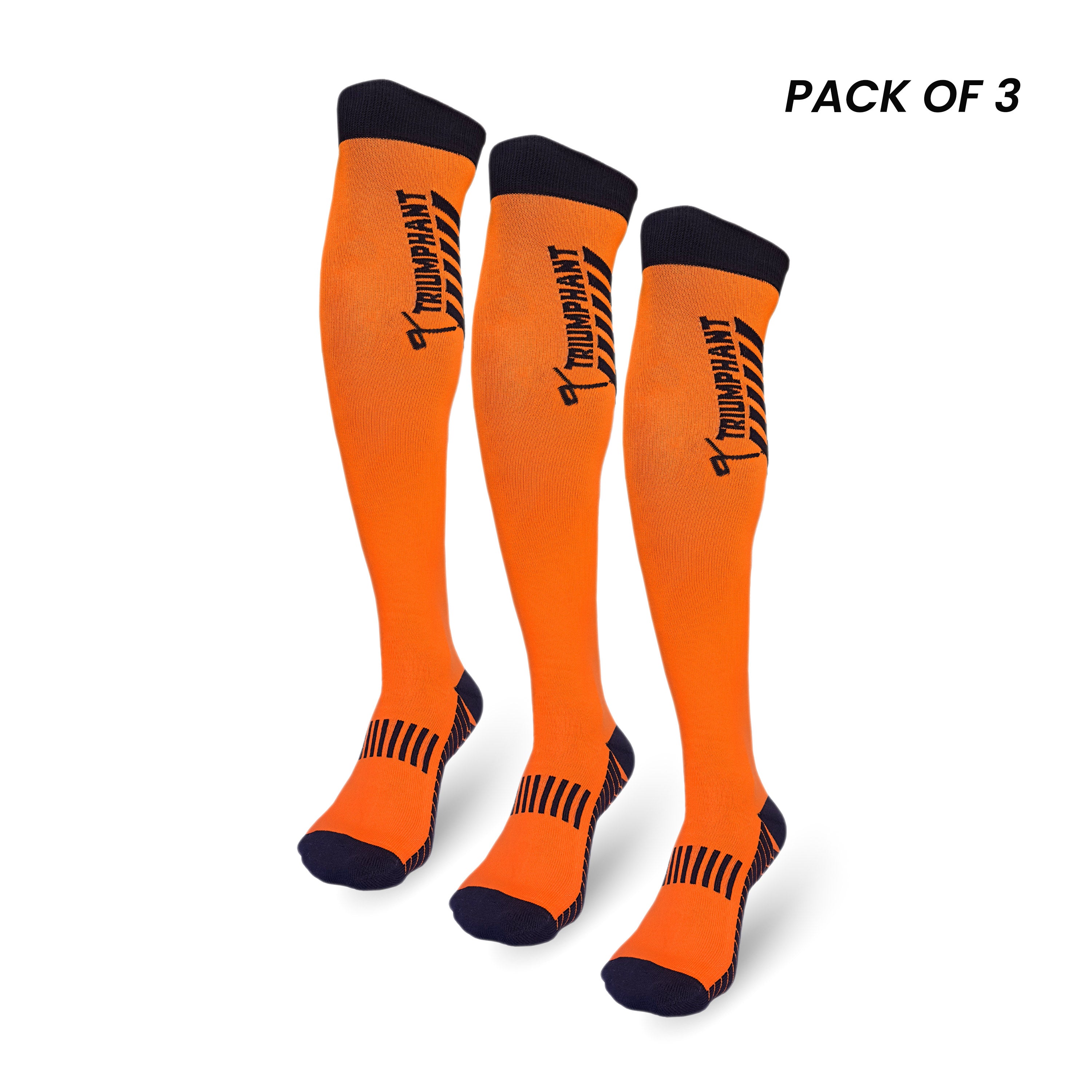 Pack of 3 orange knee-high hockey socks with cushioned sole and Chevron Grip Tech.